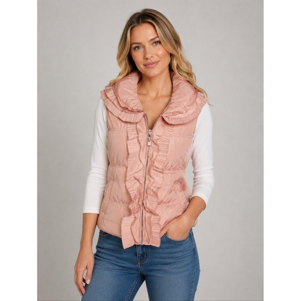 For Cynthia Dusty Pink Puffer Vest, Zip Front, Ruffle Neck & Front, So Cute! S